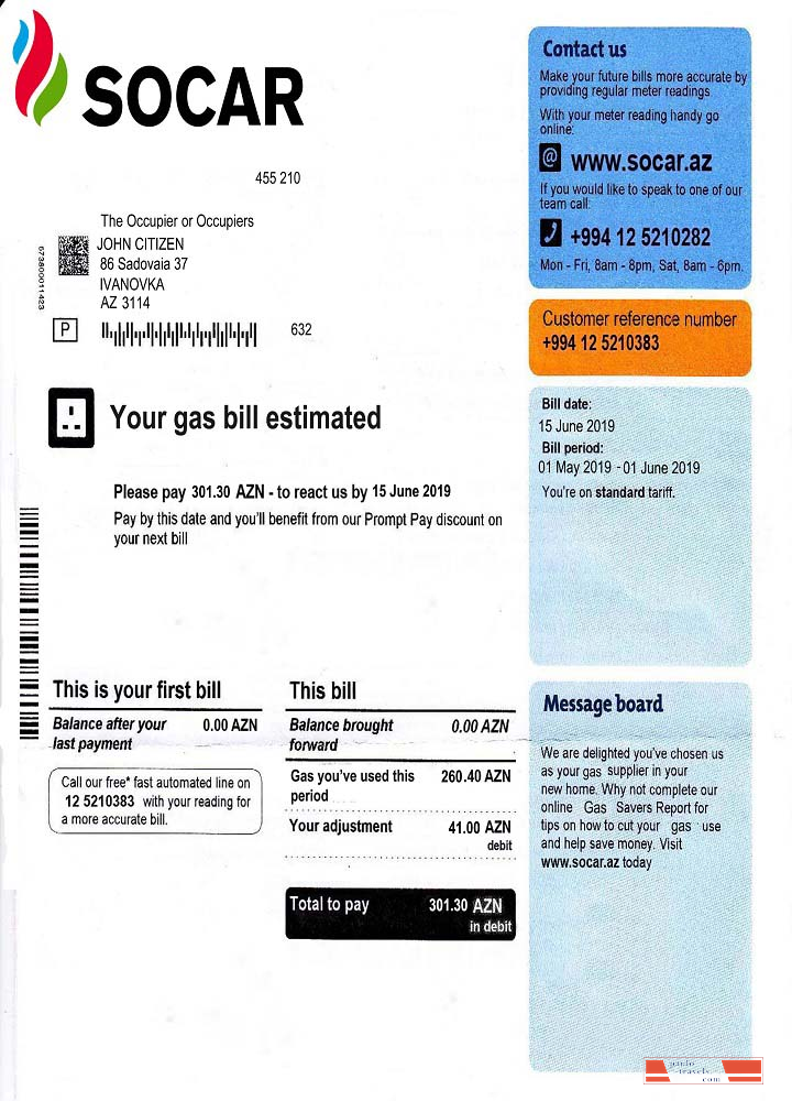 Azerbaijan Socar gas utility bill template, fully editable in PSD format